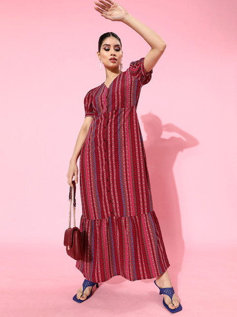 

DressBerry Women Pretty Pink Geometric Tiered Dress, Multi