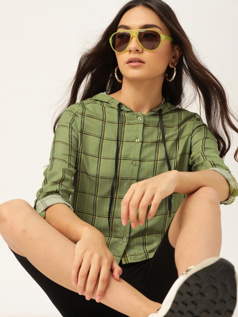 

DressBerry Women Green & Black Tartan Checks Hooded Casual Shirt