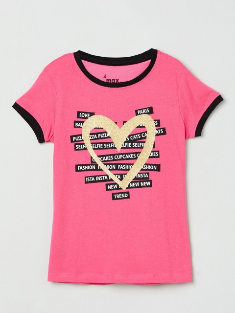 

max Girls Pink & Black Printed Pure Cotton Round Neck T-shirt