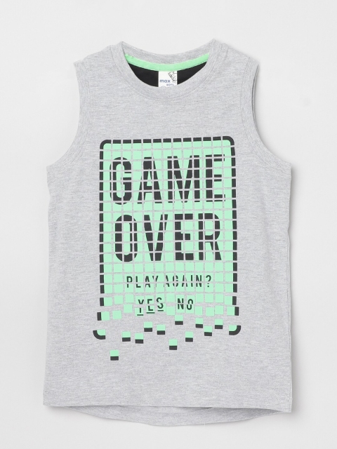 

max Boys Grey Melange Green Printed Round Neck Pure Cotton T-shirt