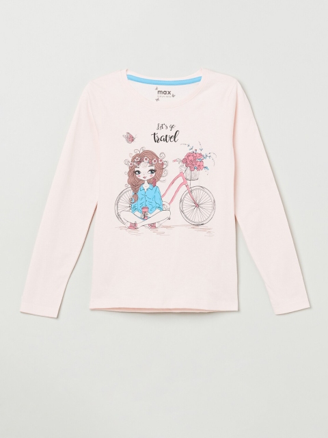

max Girls Peach-Coloured & Blue Printed Pure Cotton Round Neck T-shirt