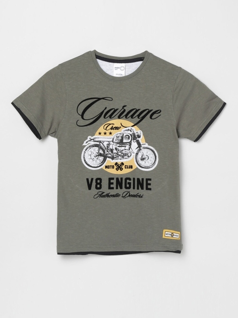 

max Boys Olive Green & Black Printed Pure Cotton Round Neck T-shirt
