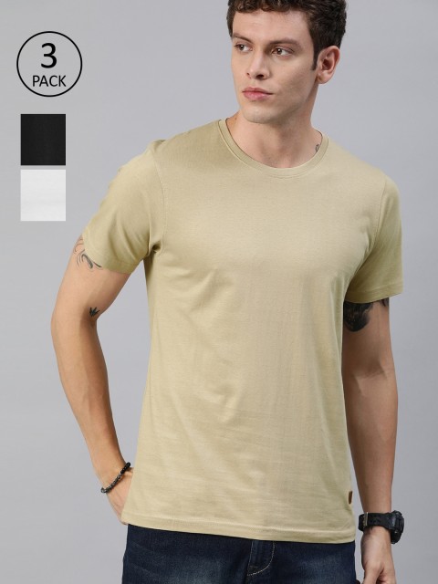 

Roadster Men Pack of 3 Solid Round Neck Pure Cotton T-shirts, Black