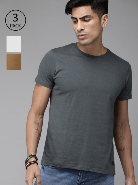 

Roadster Men Pack of 3 Solid Pure Cotton Round Neck T-shirts, Charcoal