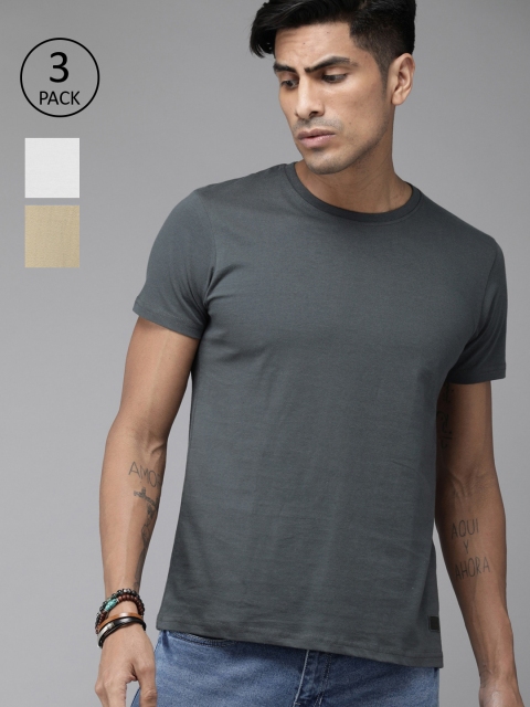 

Roadster Men Pack of 3 Solid Pure Cotton Round Neck T-shirts, Beige