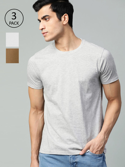 

Roadster Men Pack of 3 Solid Pure Cotton Round Neck T-shirts, Olive