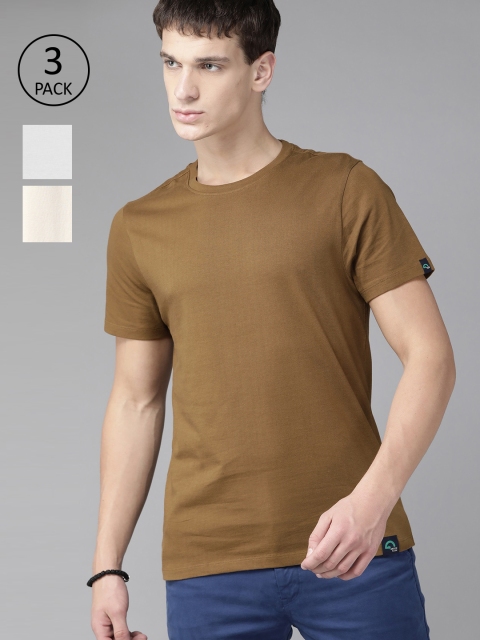 

Roadster Men Pack of 3 Solid Cotton Round Neck T-shirts, Olive