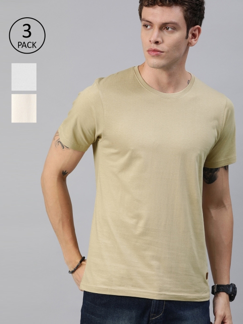 

Roadster Men Pack of 3 Solid Round Neck Pure Cotton T-shirts, Beige
