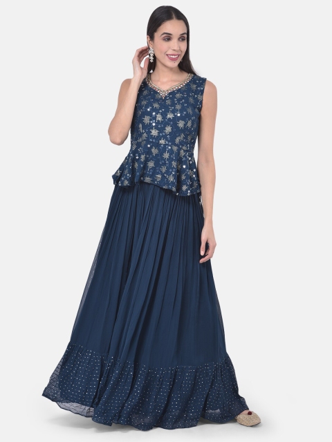 

Neerus Blue & Red Embroidered Ready to Wear Lehenga & Blouse with Dupatta