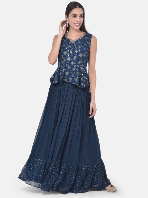 

Neerus Blue & Red Embroidered Ready to Wear Lehenga & Blouse with Dupatta