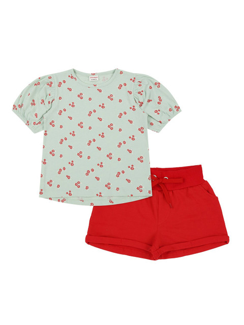 

RAINE AND JAINE Girls Green & Red Printed T-shirt with Shorts
