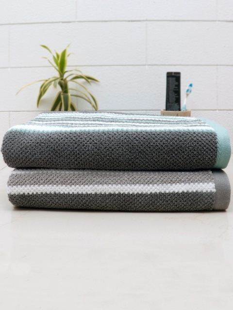

AVI Living Set Of 2 Charcoal Grey & Blue Striped 550 GSM Cotton Bath Towels