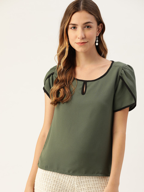 

DressBerry Olive Green Keyhole Neck Tulip Sleeves Top
