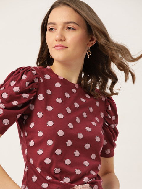 

DressBerry Burgundy Polka Dots Printed Regular Top