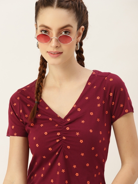 

DressBerry Maroon & Orange Floral Print Ruched Crop Top