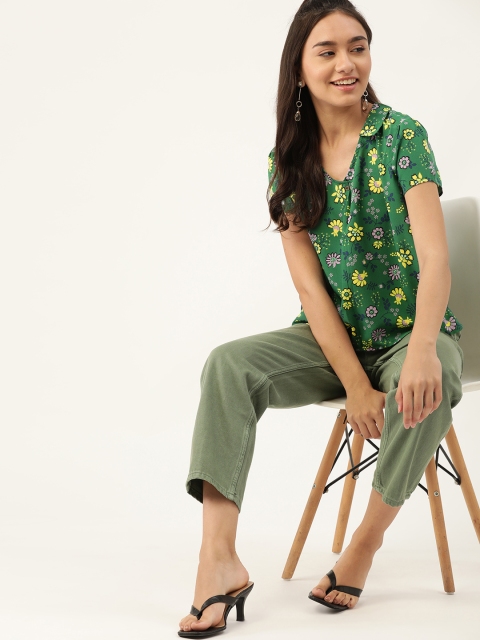 

DressBerry Green & Yellow Floral Print Boxy Crop Top