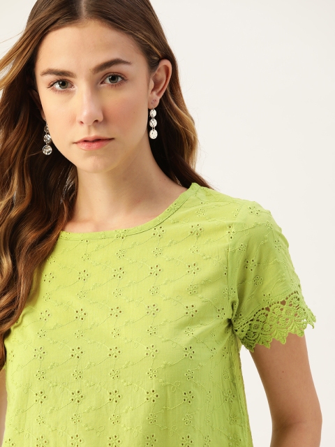 

DressBerry Green Pure Cotton Embroidered Schiffli Regular Top