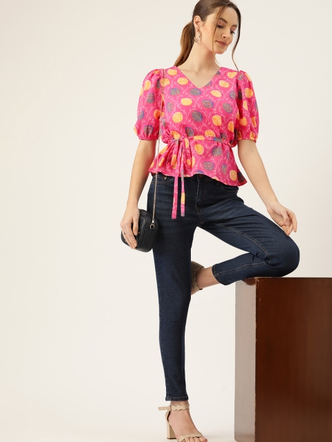 

DressBerry Pink & Yellow Geometric Puff Sleeve Regular Top