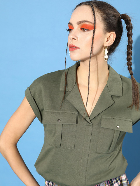 

DressBerry Women Lovely Olive Solid Oversized Pocket Top