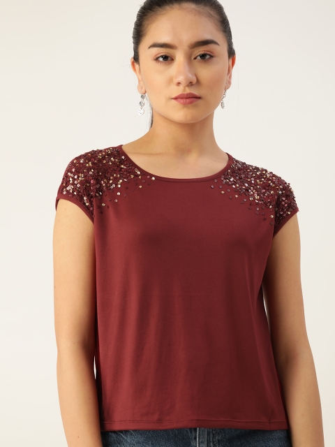 

DressBerry Maroon Extended Sleeves Sequinned Top