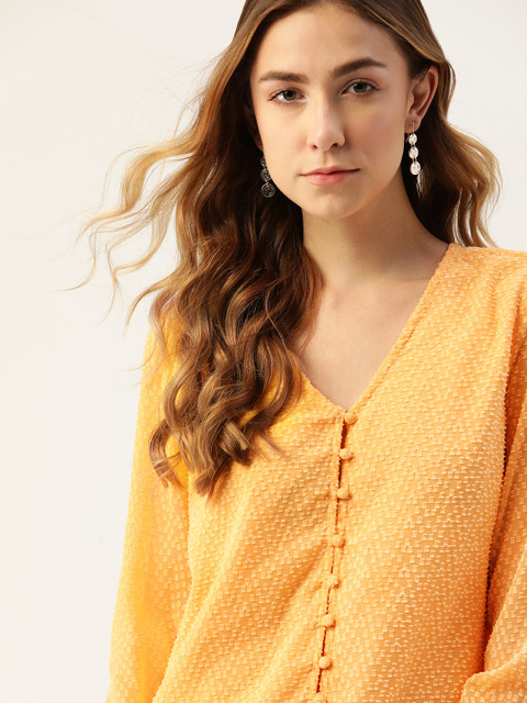 

DressBerry Yellow Dobby Weave Regular V-Neck Puff Sleeve Top