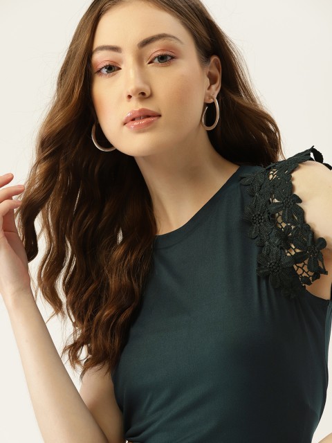 

DressBerry Women Green Solid Top with Lace Inserts