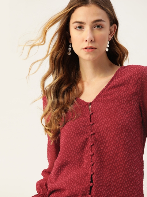 

DressBerry Maroon Dobby Weave Regular V-Neck Puff Sleeve Top