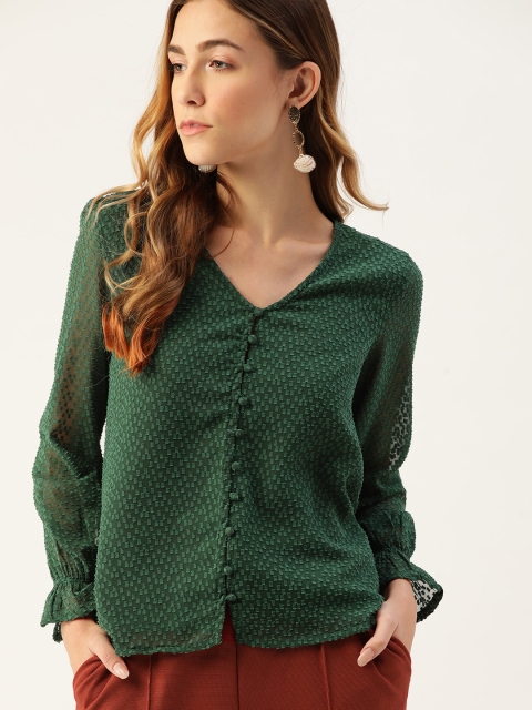 

DressBerry Green Dobby Weave Regular V-Neck Puff Sleeve Top