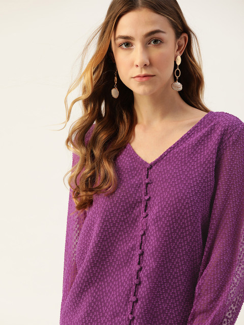 

DressBerry Purple Dobby Weave V-Neck Puff Sleeves Regular Top
