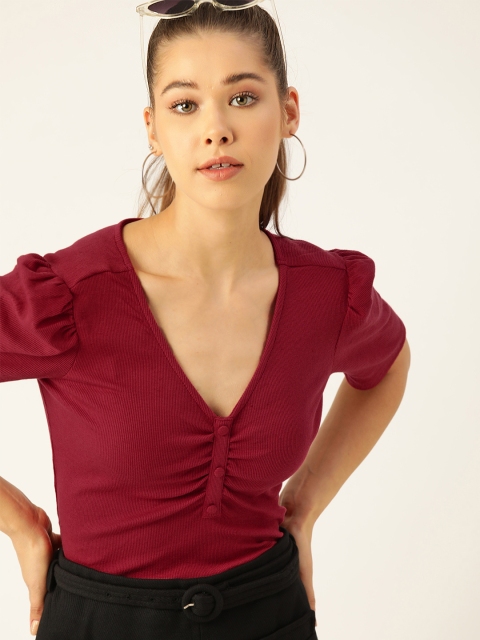 

DressBerry Maroon Ribbed Ruched Regular Top