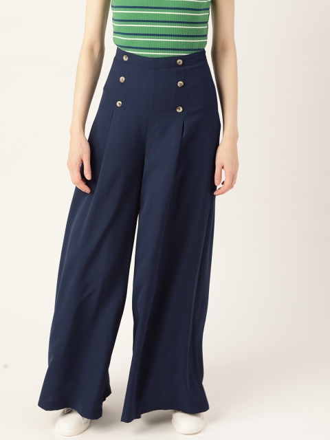 

DressBerry Women Navy Blue Solid Flared Pleated Parallel Trousers