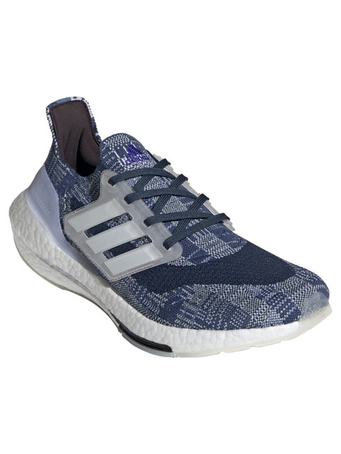 

ADIDAS Men Navy Blue & White Woven Design Ultraboost 21 Primeblue Running Shoes
