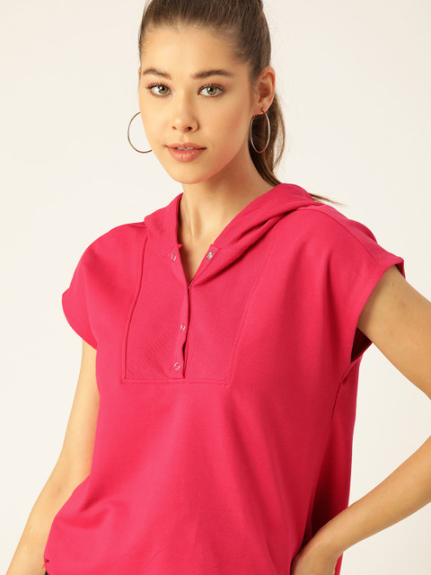 

DressBerry Women Fuchsia Cotton Solid Hooded Extended Sleeves T-shirt