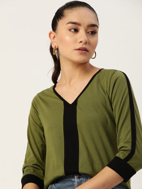 

DressBerry Women Olive Green & Black V-Neck T-shirt