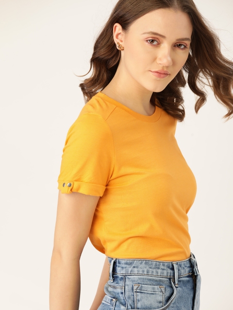 

DressBerry Women Mustard Yellow Pure Cotton Roll-Up Sleeves T-shirt