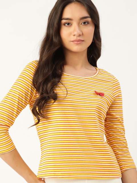 

DressBerry Women Yellow & White Striped Cotton T-shirt