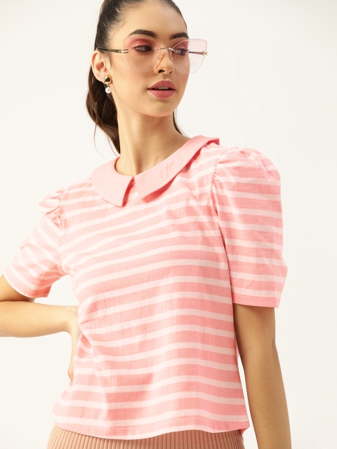 

DressBerry Women Pink & White Striped Peter Pan Collar Sustainable & Recycled T-shirt