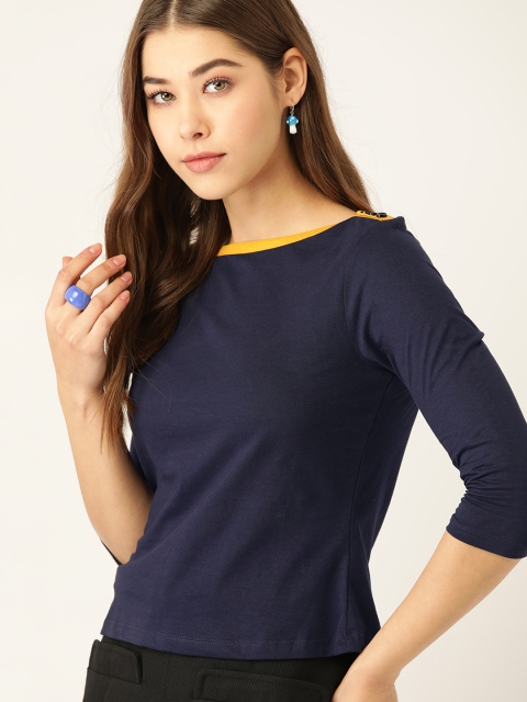 

DressBerry Women Navy Blue Solid Pure Cotton T-shirt