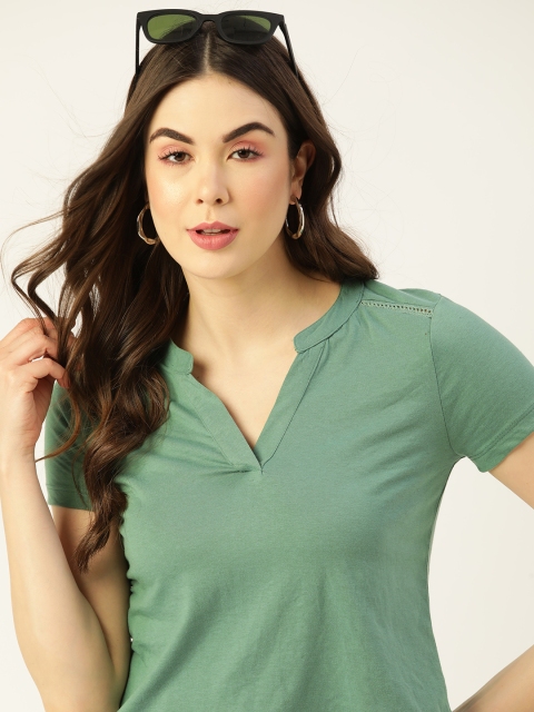 

DressBerry Women Green Pure Cotton Solid Mandarin Collar T-shirt