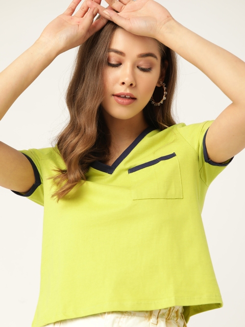 

DressBerry Women Fluorescent Green Cotton Solid V-Neck Cropped T-shirt