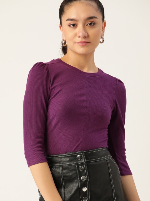 

DressBerry Purple Ribbed Solid Regular Top