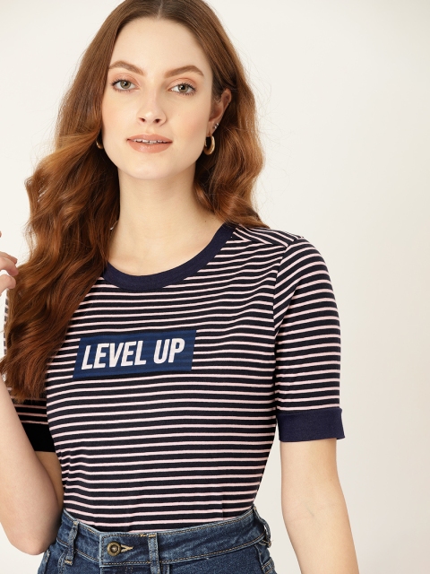 

DressBerry Women Navy Blue & Pink Striped Sustainable & Recycled T-shirt