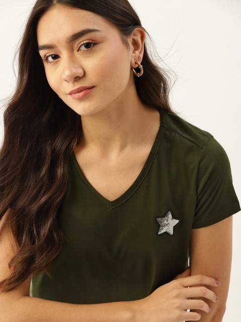 

DressBerry Women Olive Green V-Neck Applique Cropped T-shirt