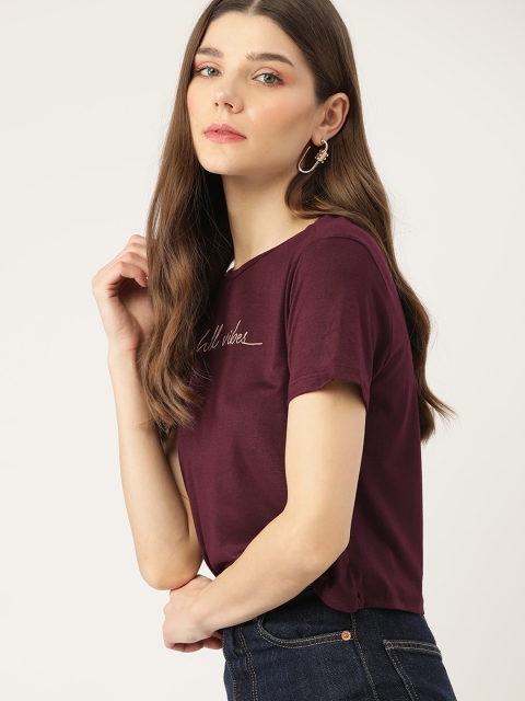 

DressBerry Women Burgundy Typography Printed T-shirt