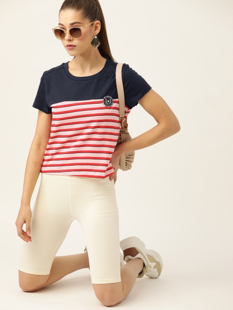

DressBerry Women Red & Navy Blue Striped Sustainable & Recycled T-shirt