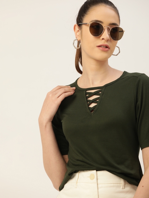 

DressBerry Women Olive Green V-Neck T-shirt