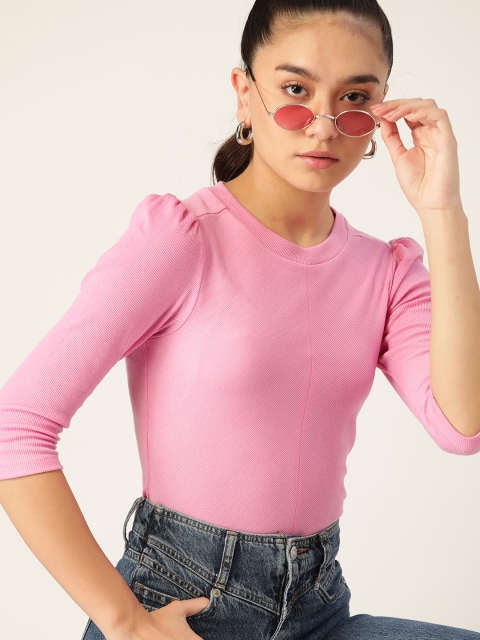 

DressBerry Pink Ribbed Solid Regular Top