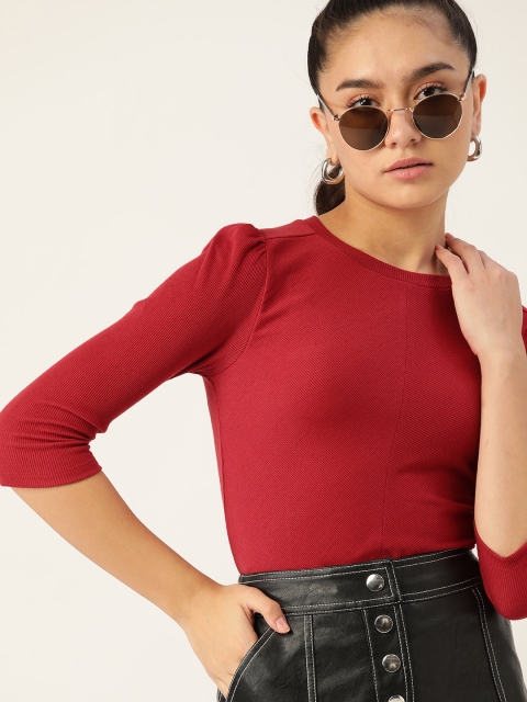 

DressBerry Red Ribbed Solid Regular Top