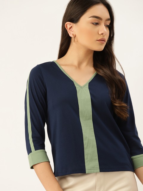 

DressBerry Women Navy Blue & Green Colourblocked V-Neck T-shirt
