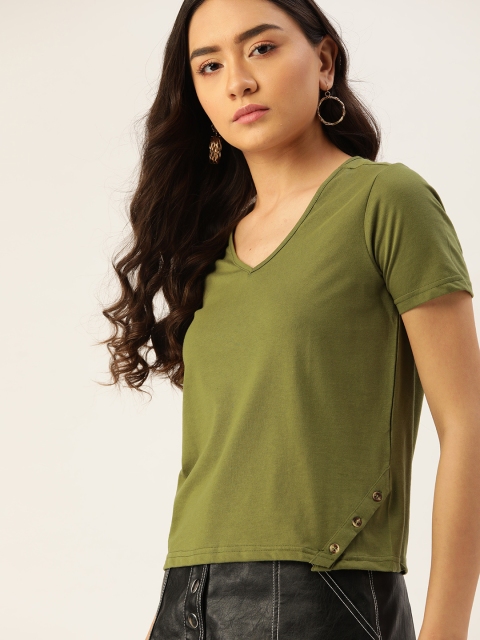

DressBerry Women Olive Green V-Neck T-shirt